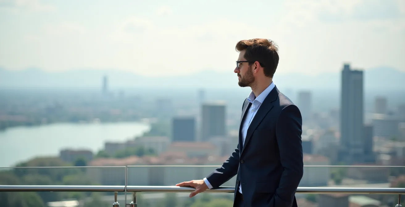 Personne observant la ville de Genève depuis un point de vue stratégique