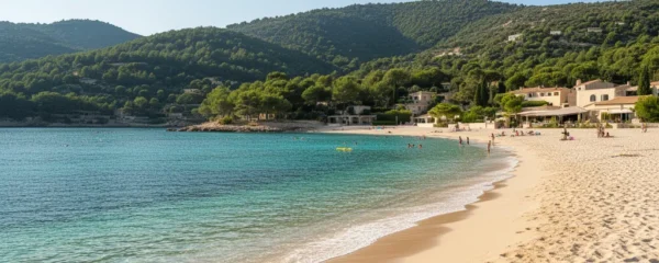 Vue panoramique d'une plage de sable fin au Lavandou avec eau turquoise et collines boisées