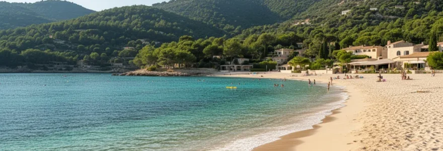 Vue panoramique d'une plage de sable fin au Lavandou avec eau turquoise et collines boisées