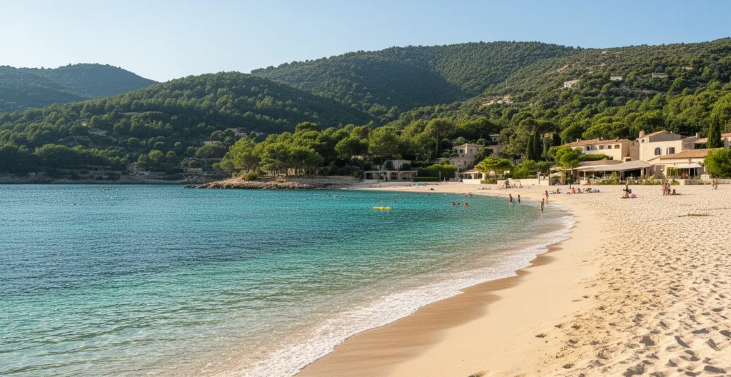 Vue panoramique d'une plage de sable fin au Lavandou avec eau turquoise et collines boisées