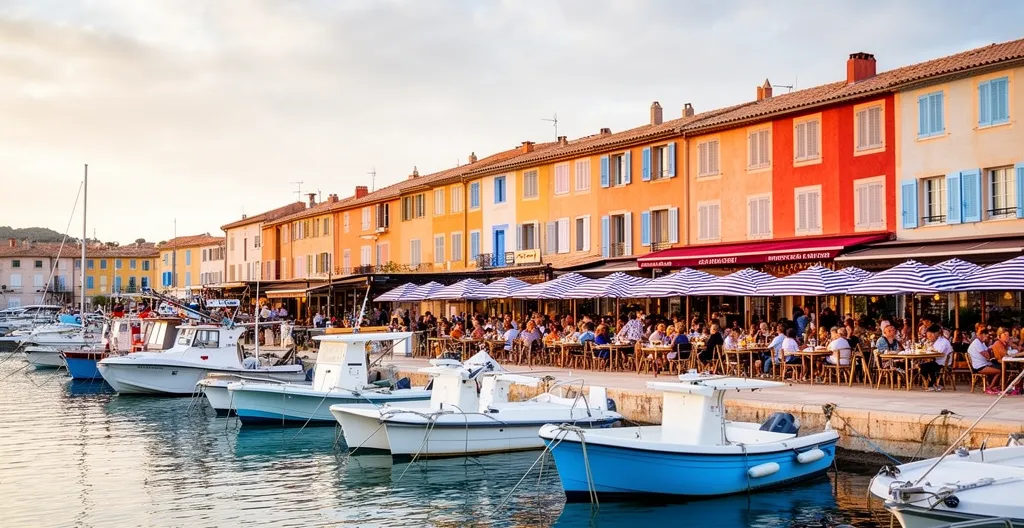 Port de plaisance du Lavandou avec bateaux amarrés et terrasses de restaurants