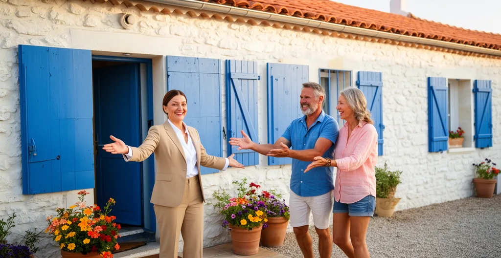 Agent de conciergerie accueillant des vacanciers devant maison côtière