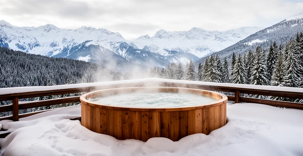 Espace bien-être privatif avec jacuzzi sur terrasse face aux sommets enneigés