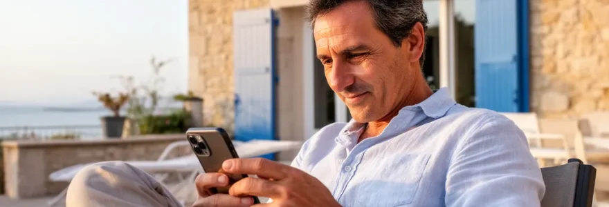 Propriétaire consultant ses réservations locatives sur smartphone depuis terrasse côtière