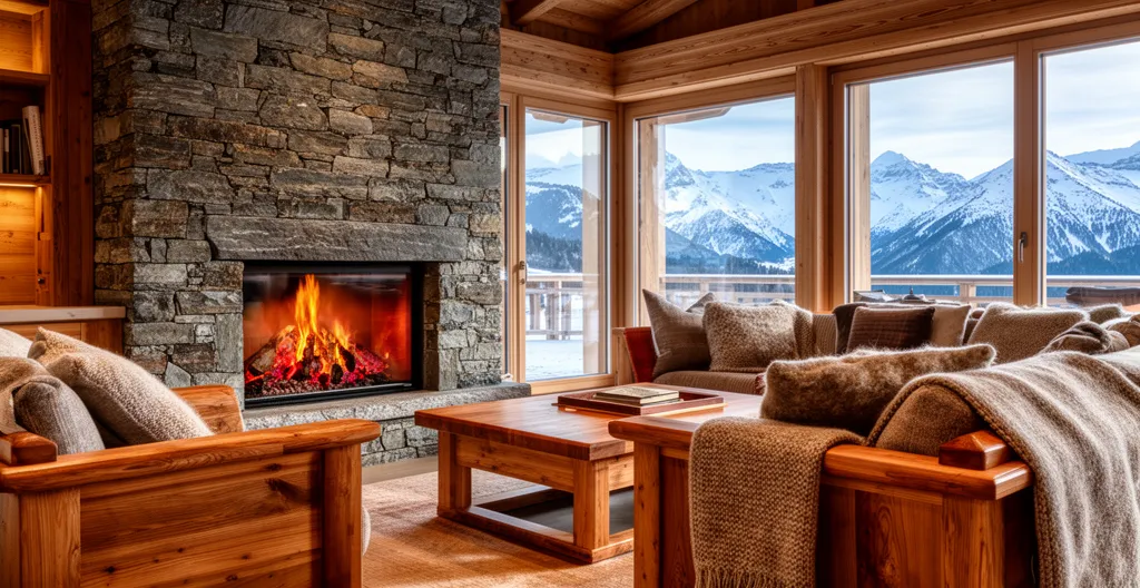 Intérieur chaleureux d'un salon de chalet de prestige avec cheminée et vue montagne