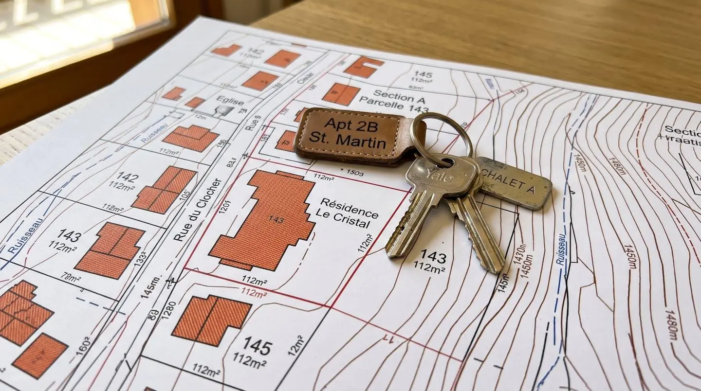 Gros plan sur des clés modernes d'appartement posées sur un plan cadastral de montagne flouté avec un arrière-plan bois très flouté