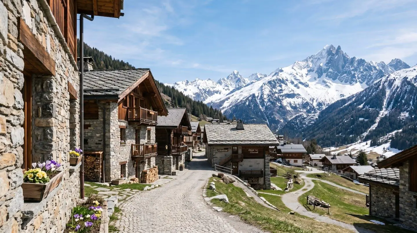 Vue panoramique d'une station de ski des Alpes du Sud au printemps avec chalets traditionnels en pierre et sommets enneigés en arrière-plan sous une lumière matinale douce
