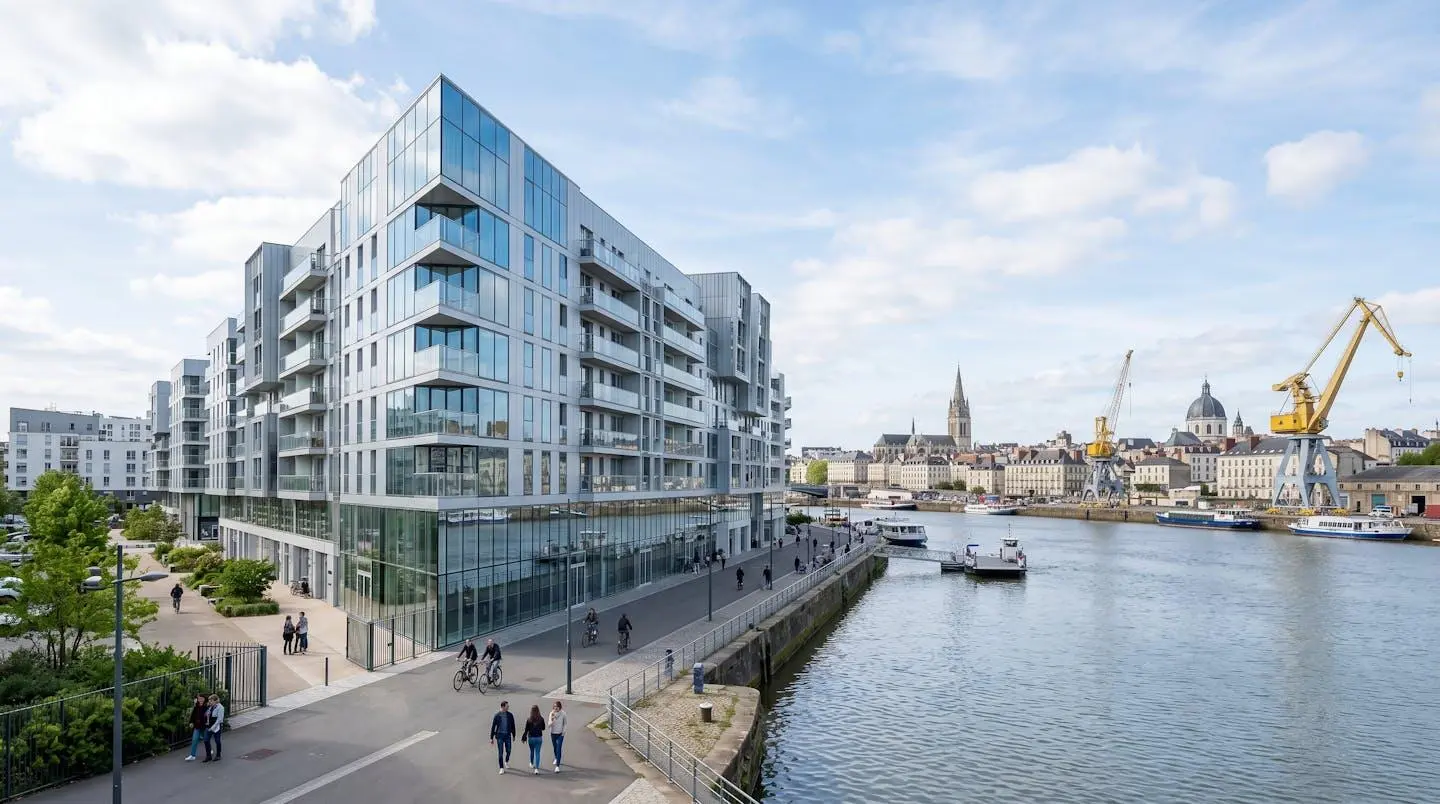 Vue grand angle d'un immeuble contemporain en verre et métal sur l'Île de Nantes avec reflets du ciel dans la façade