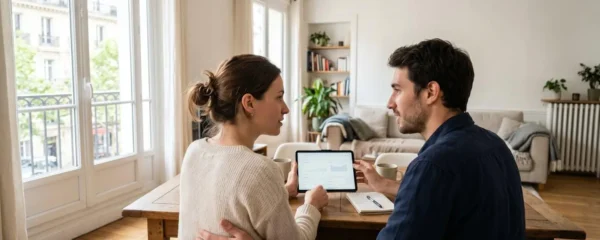 Un jeune couple assis sur un canapé moderne consulte ensemble une tablette dans un salon lumineux avec grandes fenêtres