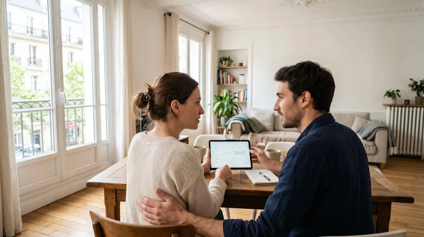 Un jeune couple assis sur un canapé moderne consulte ensemble une tablette dans un salon lumineux avec grandes fenêtres