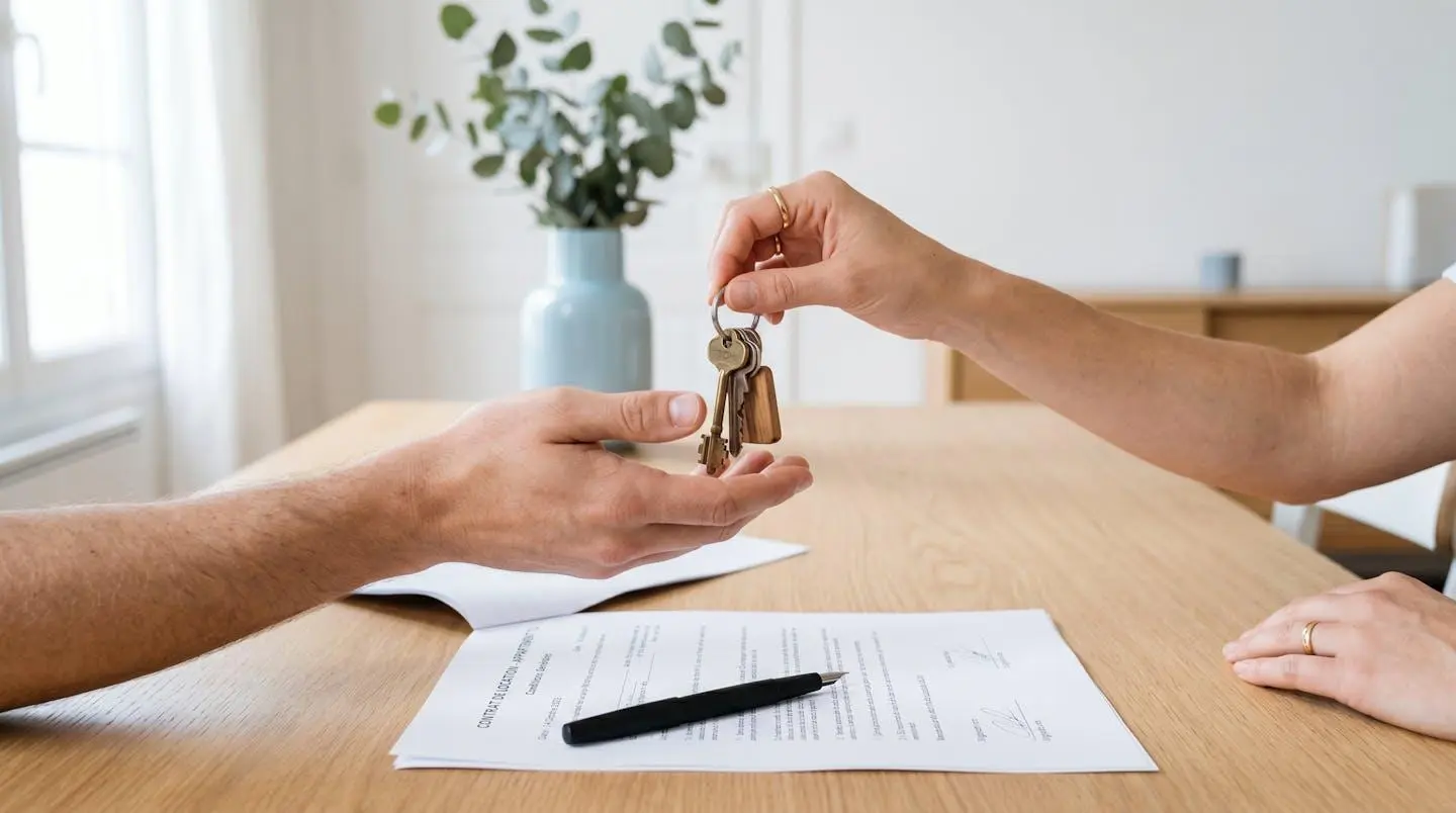 Mains échangeant des clés au-dessus d'un contrat de location, symbolisant la confiance entre locataire, garant et propriétaire.