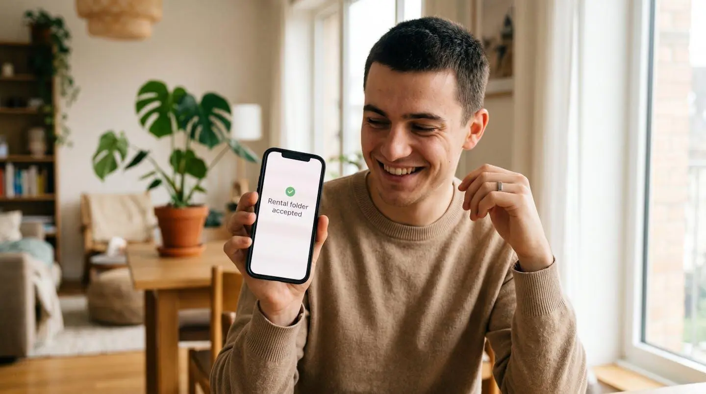 Jeune homme souriant regardant son téléphone avec une notification d'acceptation de dossier de location.