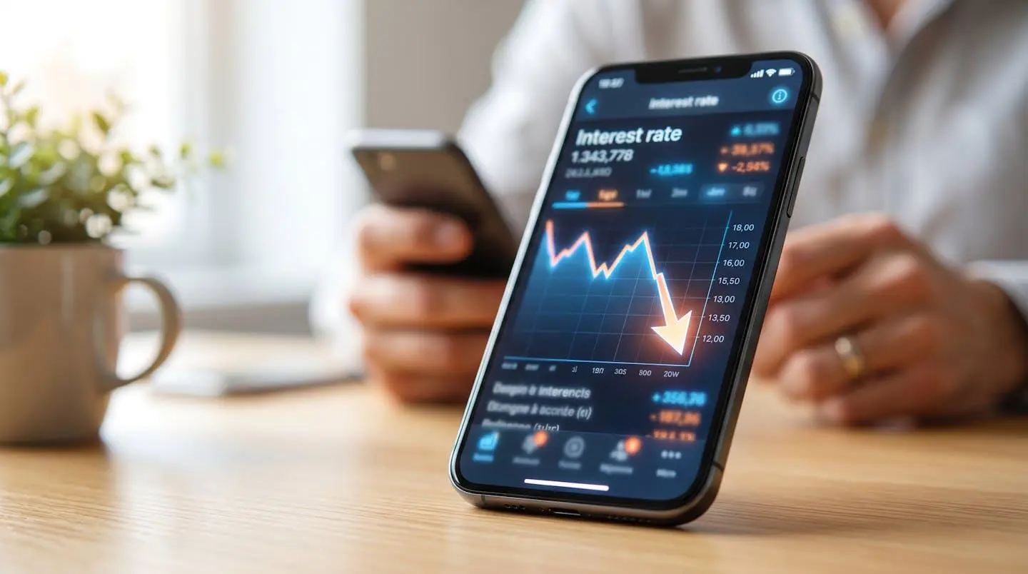 Gros plan sur un écran de smartphone affichant un graphique de courbe descendante avec une main floue en arrière-plan sur un bureau moderne