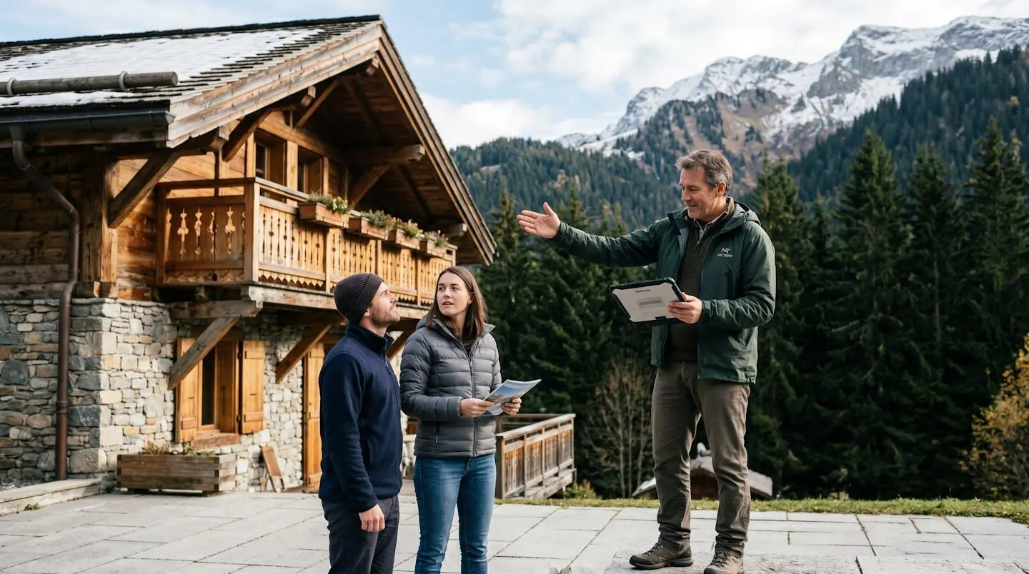 Agent immobilier local expliquant à des clients les spécificités d'exposition d'un chalet traditionnel savoyard en montagne, illustrant l'expertise territoriale de terrain