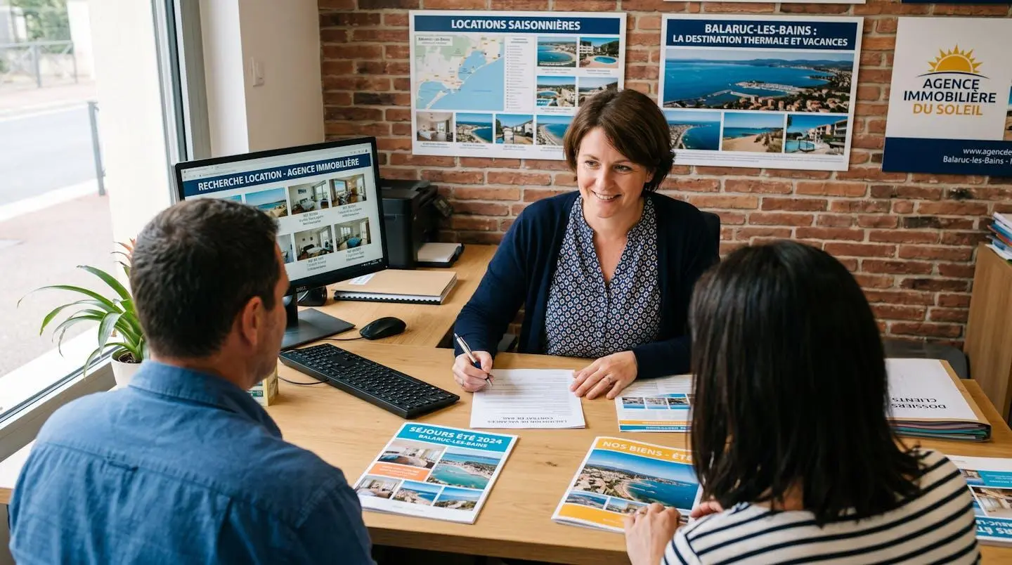 Conseillère immobilière dans une agence à Balaruc-les-Bains présentant des documents de location saisonnière à un couple de clients, bureau contemporain avec écran et brochures