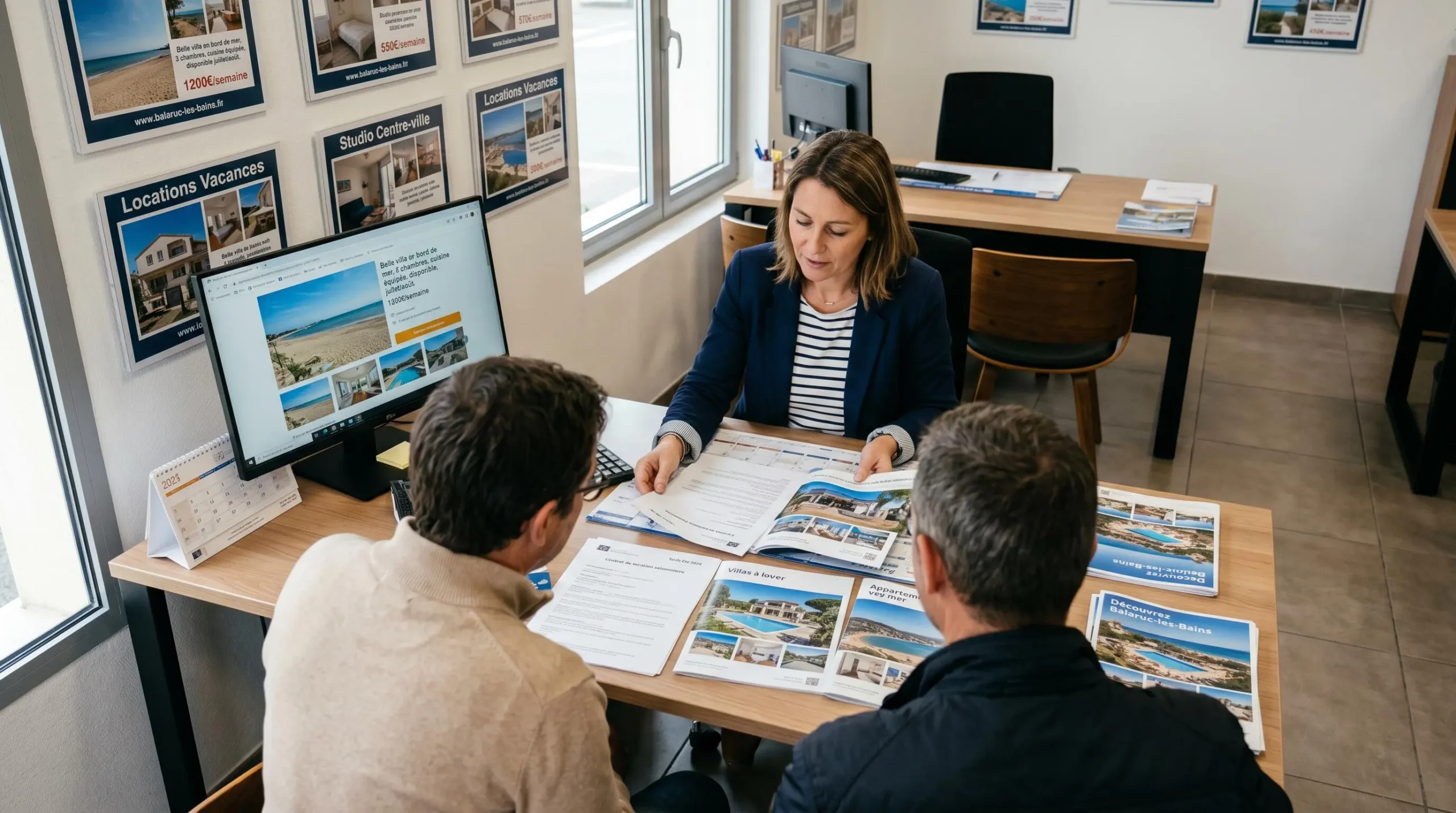Conseillère immobilière dans une agence à Balaruc-les-Bains présentant des documents de location saisonnière à un couple de clients, bureau contemporain avec écran et brochures