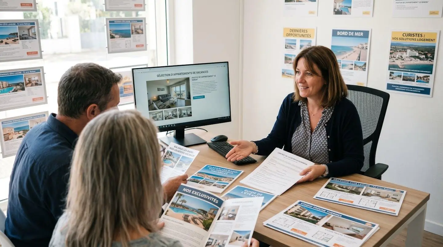 Conseillère immobilière dans une agence à Balaruc-les-Bains présentant des documents de location saisonnière à un couple de clients, bureau contemporain avec écran et brochures