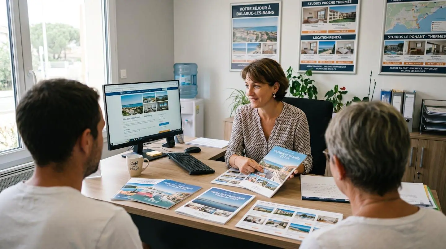 Conseillère immobilière dans une agence à Balaruc-les-Bains présentant des documents de location saisonnière à un couple de clients, bureau contemporain avec écran et brochures