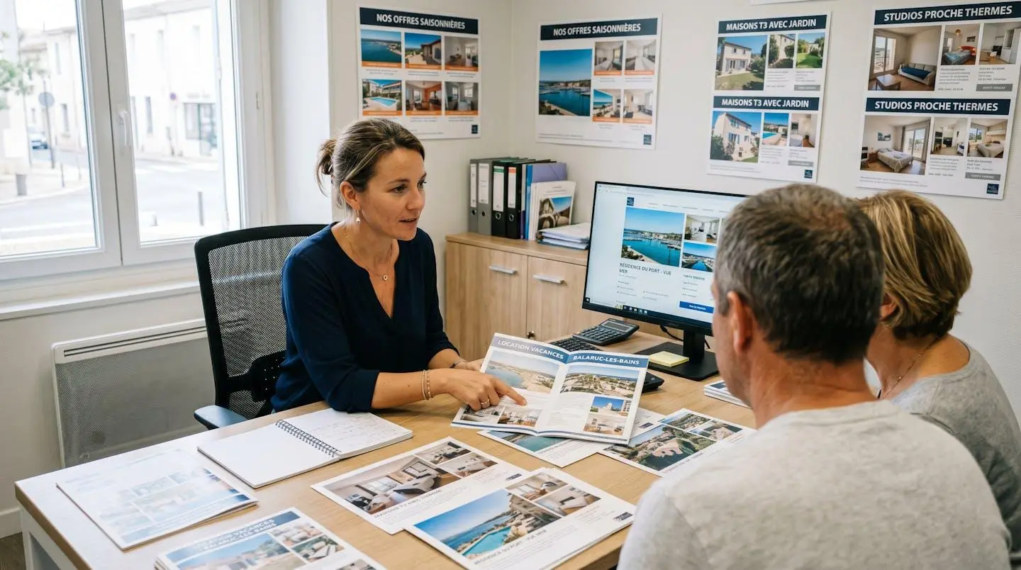 Conseillère immobilière dans une agence à Balaruc-les-Bains présentant des documents de location saisonnière à un couple de clients, bureau contemporain avec écran et brochures