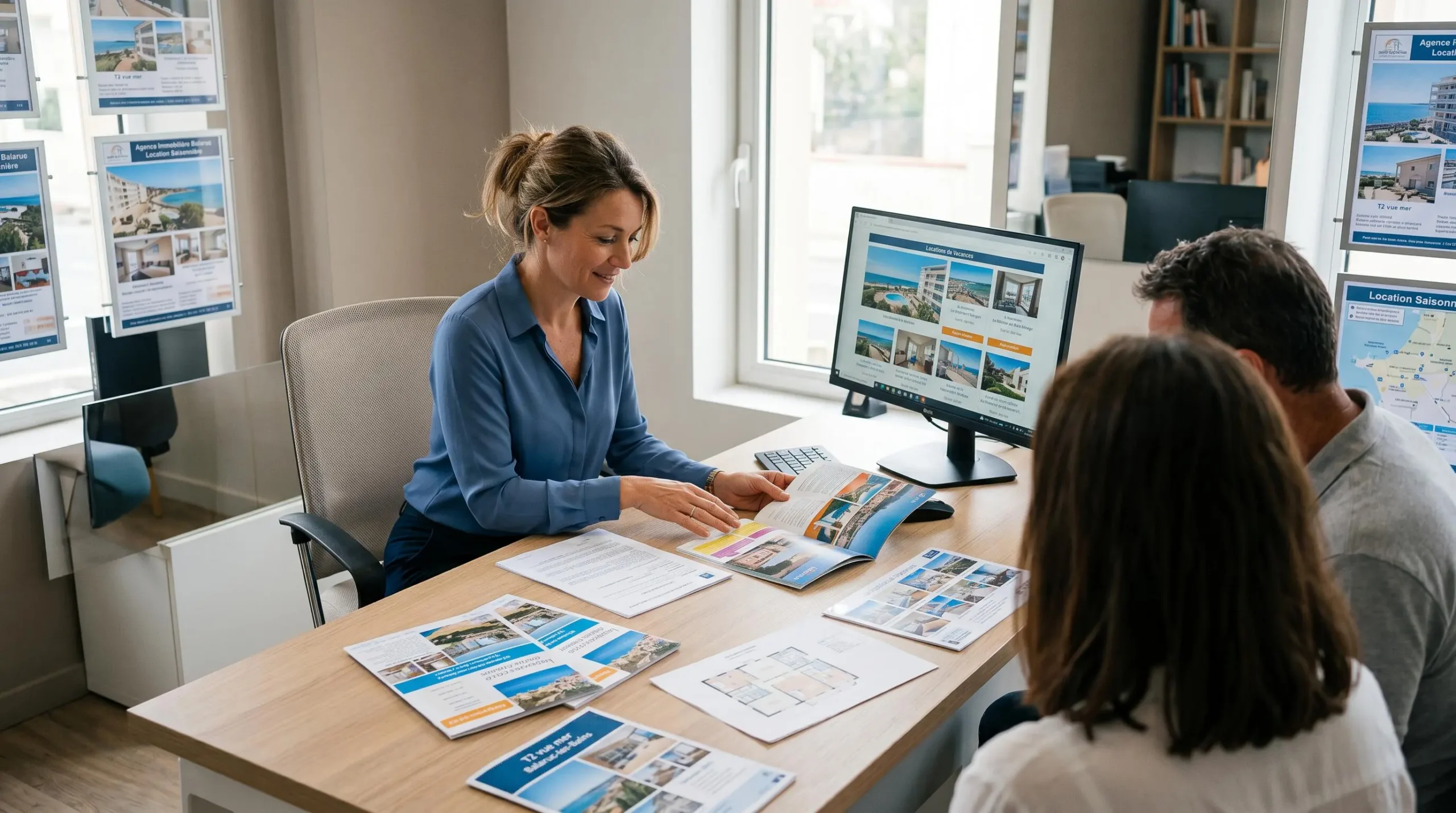 Conseillère immobilière dans une agence à Balaruc-les-Bains présentant des documents de location saisonnière à un couple de clients, bureau contemporain avec écran et brochures