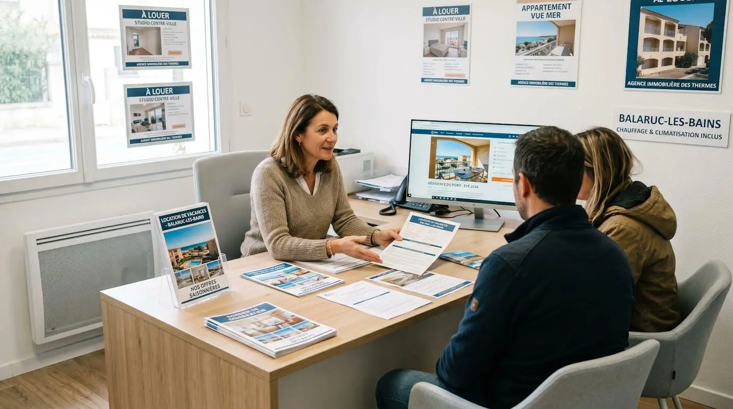 Conseillère immobilière dans une agence à Balaruc-les-Bains présentant des documents de location saisonnière à un couple de clients, bureau contemporain avec écran et brochures
