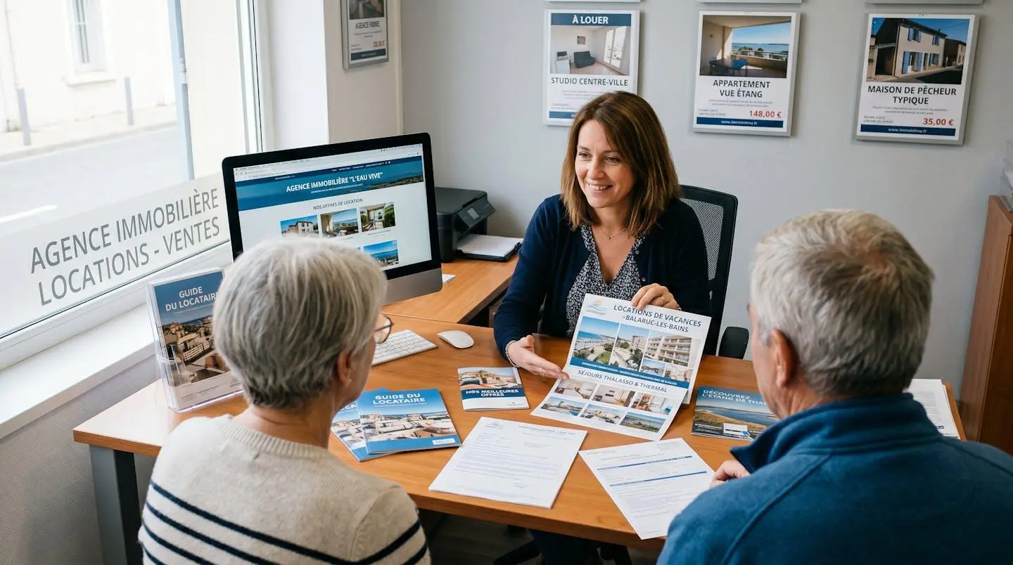 Conseillère immobilière dans une agence à Balaruc-les-Bains présentant des documents de location saisonnière à un couple de clients, bureau contemporain avec écran et brochures