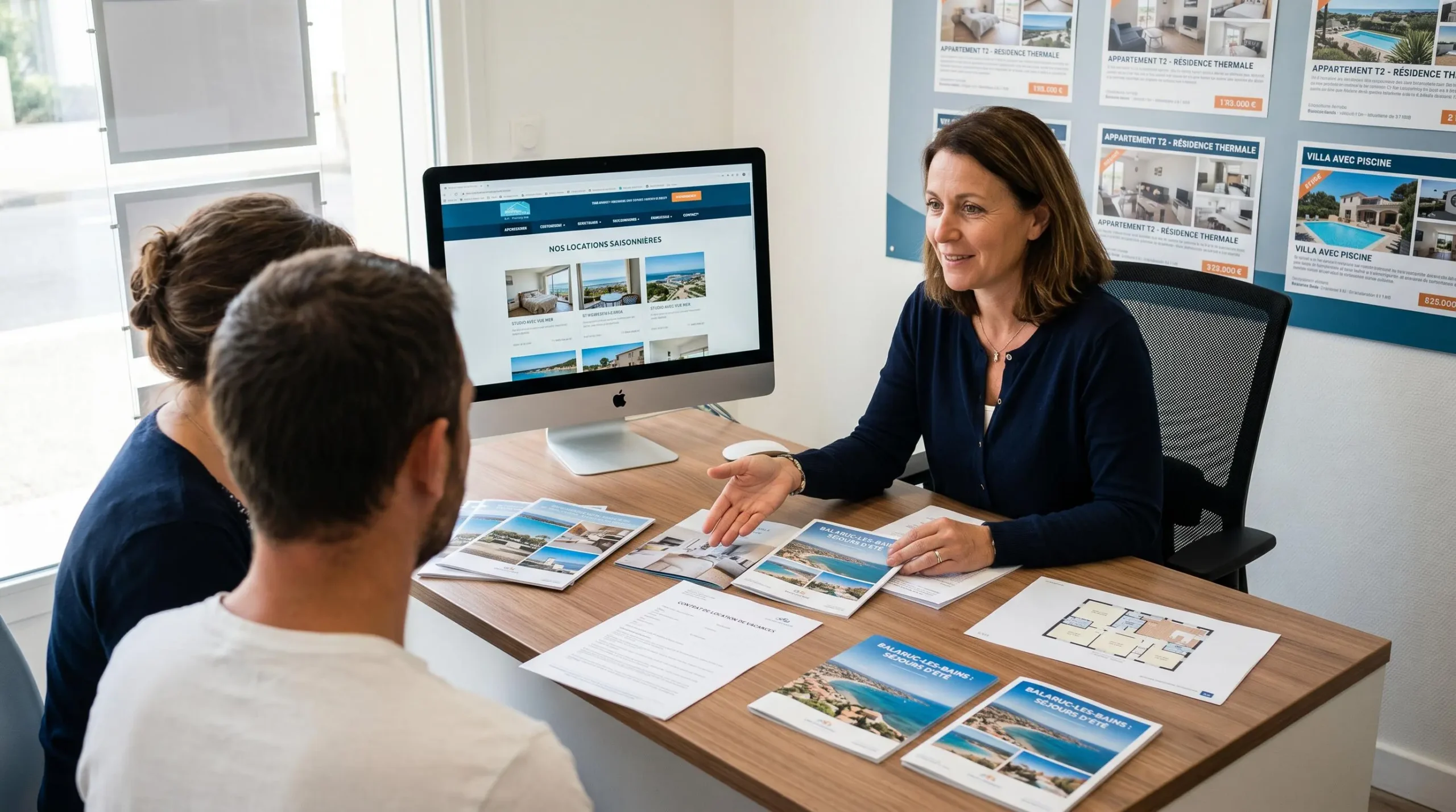 Conseillère immobilière dans une agence à Balaruc-les-Bains présentant des documents de location saisonnière à un couple de clients, bureau contemporain avec écran et brochures