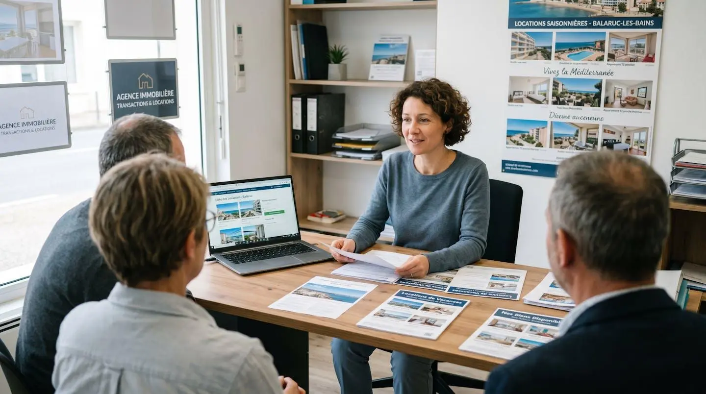 Conseillère immobilière dans une agence à Balaruc-les-Bains présentant des documents de location saisonnière à un couple de clients, bureau contemporain avec écran et brochures