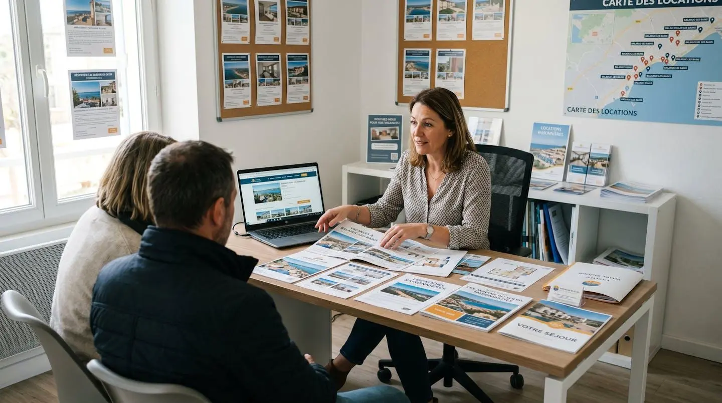 Conseillère immobilière dans une agence à Balaruc-les-Bains présentant des documents de location saisonnière à un couple de clients, bureau contemporain avec écran et brochures