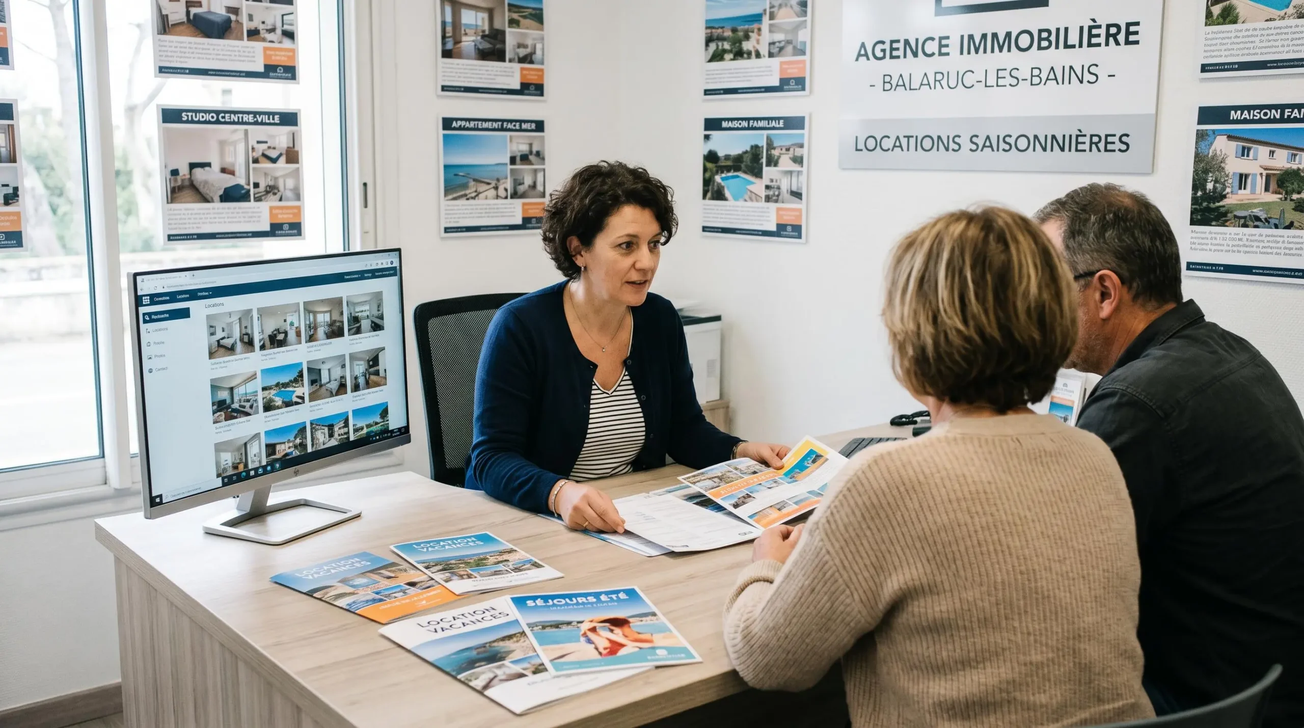 Conseillère immobilière dans une agence à Balaruc-les-Bains présentant des documents de location saisonnière à un couple de clients, bureau contemporain avec écran et brochures