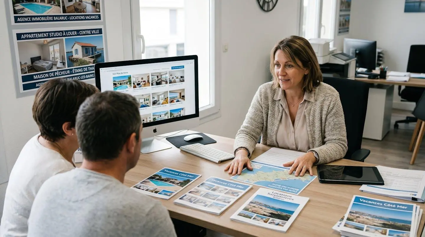 Conseillère immobilière dans une agence à Balaruc-les-Bains présentant des documents de location saisonnière à un couple de clients, bureau contemporain avec écran et brochures