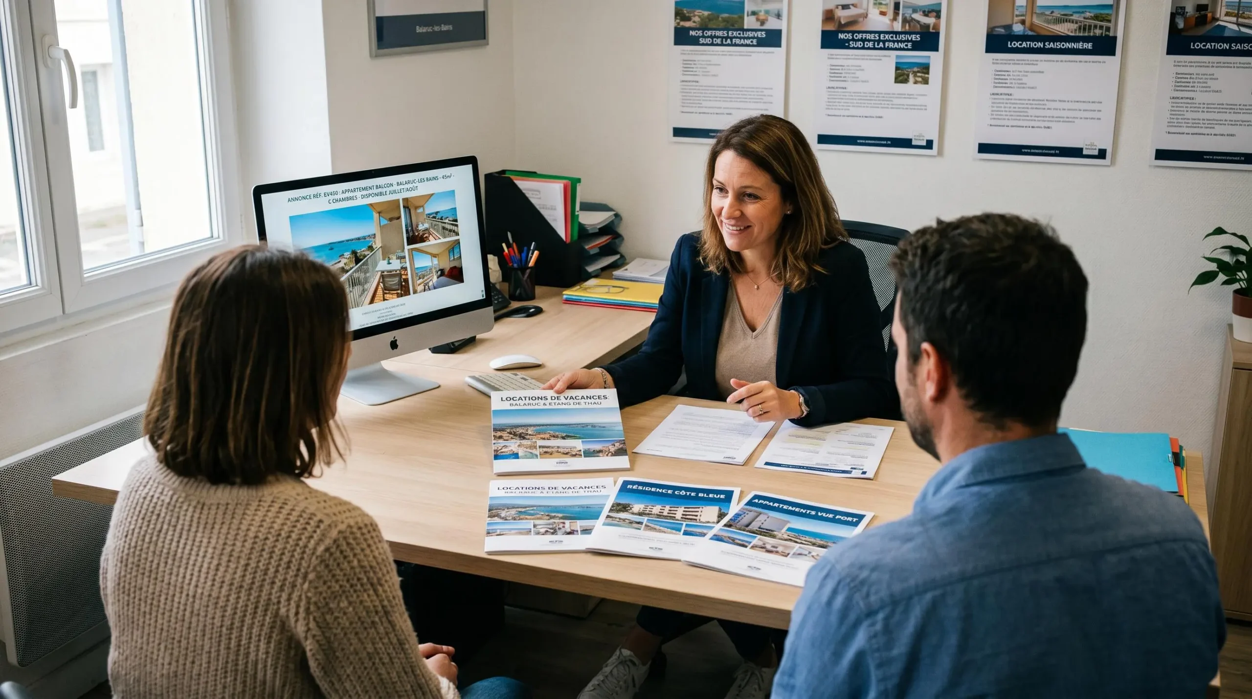 Conseillère immobilière dans une agence à Balaruc-les-Bains présentant des documents de location saisonnière à un couple de clients, bureau contemporain avec écran et brochures