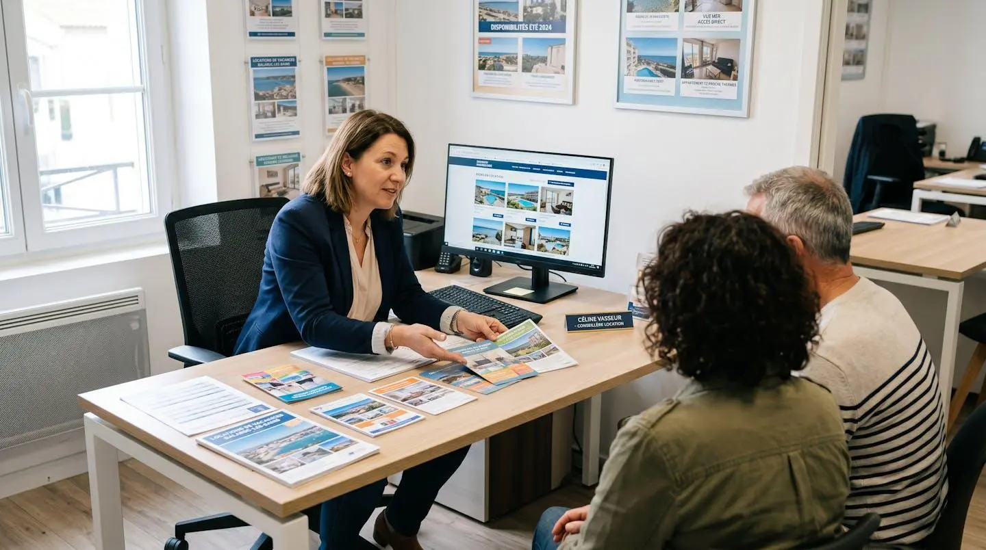 Conseillère immobilière dans une agence à Balaruc-les-Bains présentant des documents de location saisonnière à un couple de clients, bureau contemporain avec écran et brochures