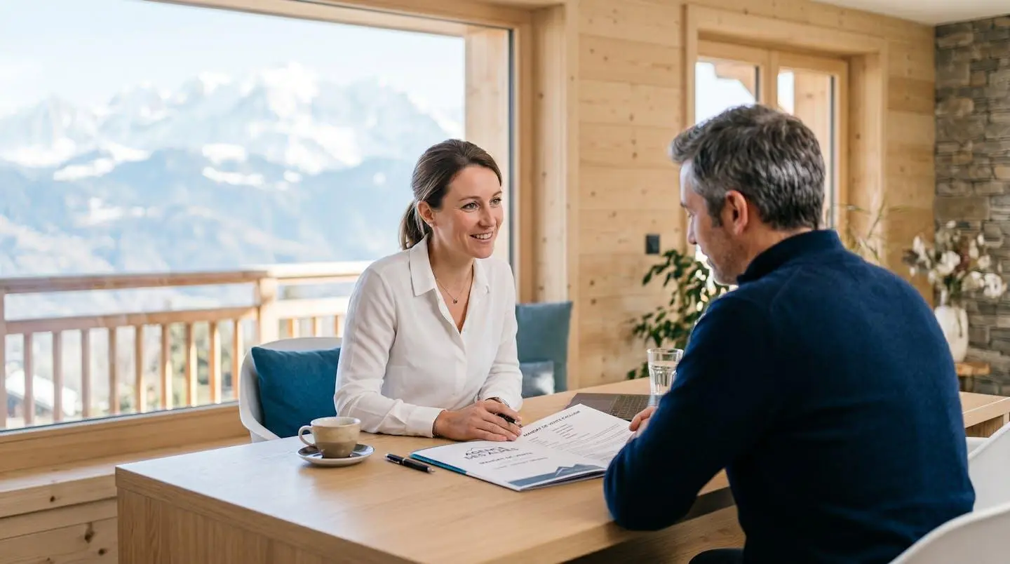 Conseillère immobilière en entretien avec un client dans un bureau d'agence de montagne, consultant ensemble un document de mandat dans une ambiance de transparence professionnelle