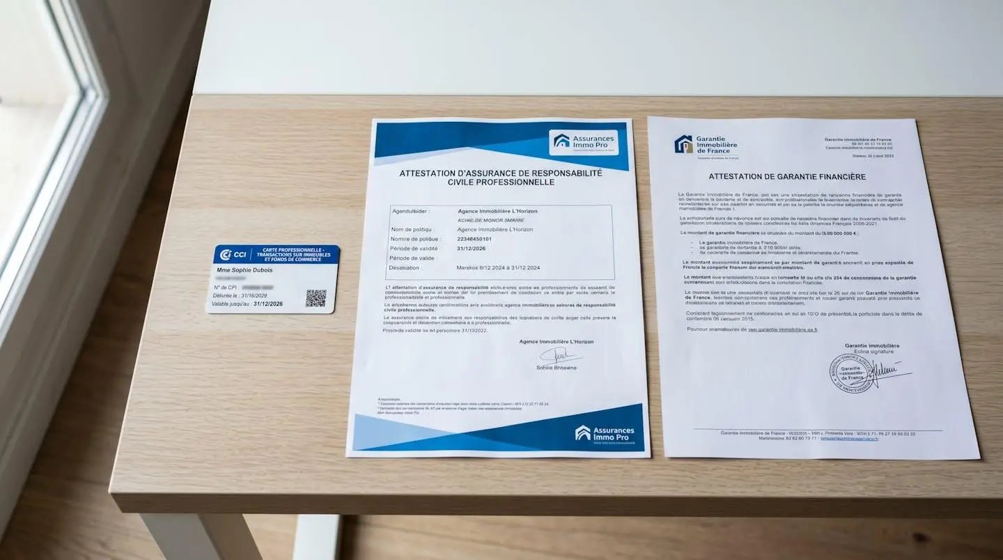 Gros plan sur les trois documents réglementaires obligatoires d'une agence immobilière française : carte professionnelle T, attestation d'assurance RC et certificat de garantie financière