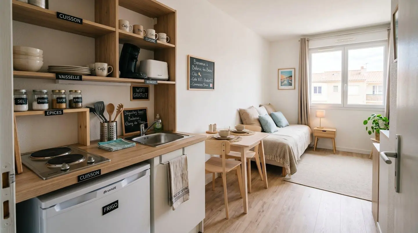 Intérieur d'un studio meublé de tourisme de 20 m² à Balaruc-les-Bains avec coin cuisine équipé, lit et table, décoration épurée tons clairs et lumière naturelle