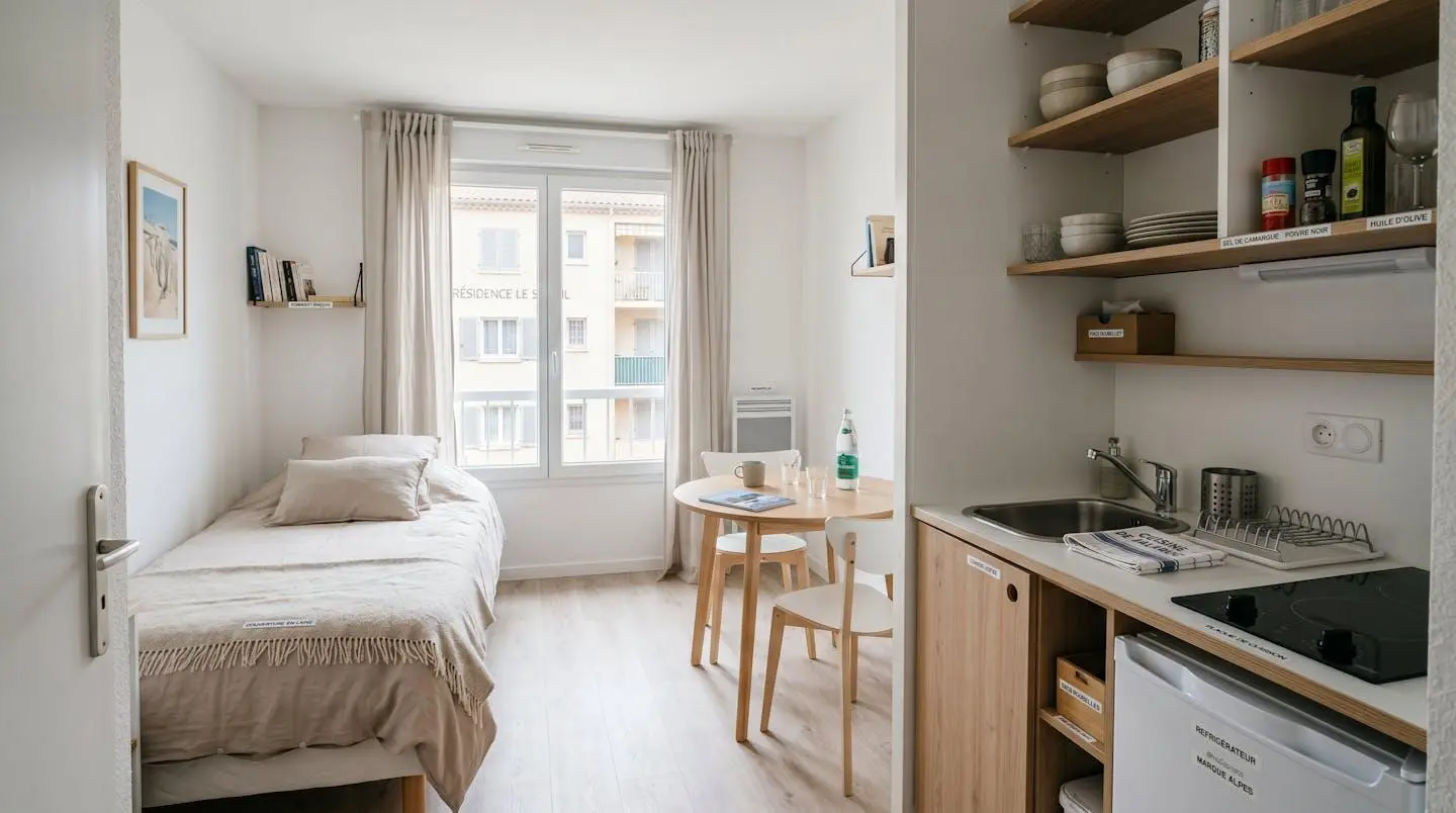Intérieur d'un studio meublé de tourisme de 20 m² à Balaruc-les-Bains avec coin cuisine équipé, lit et table, décoration épurée tons clairs et lumière naturelle
