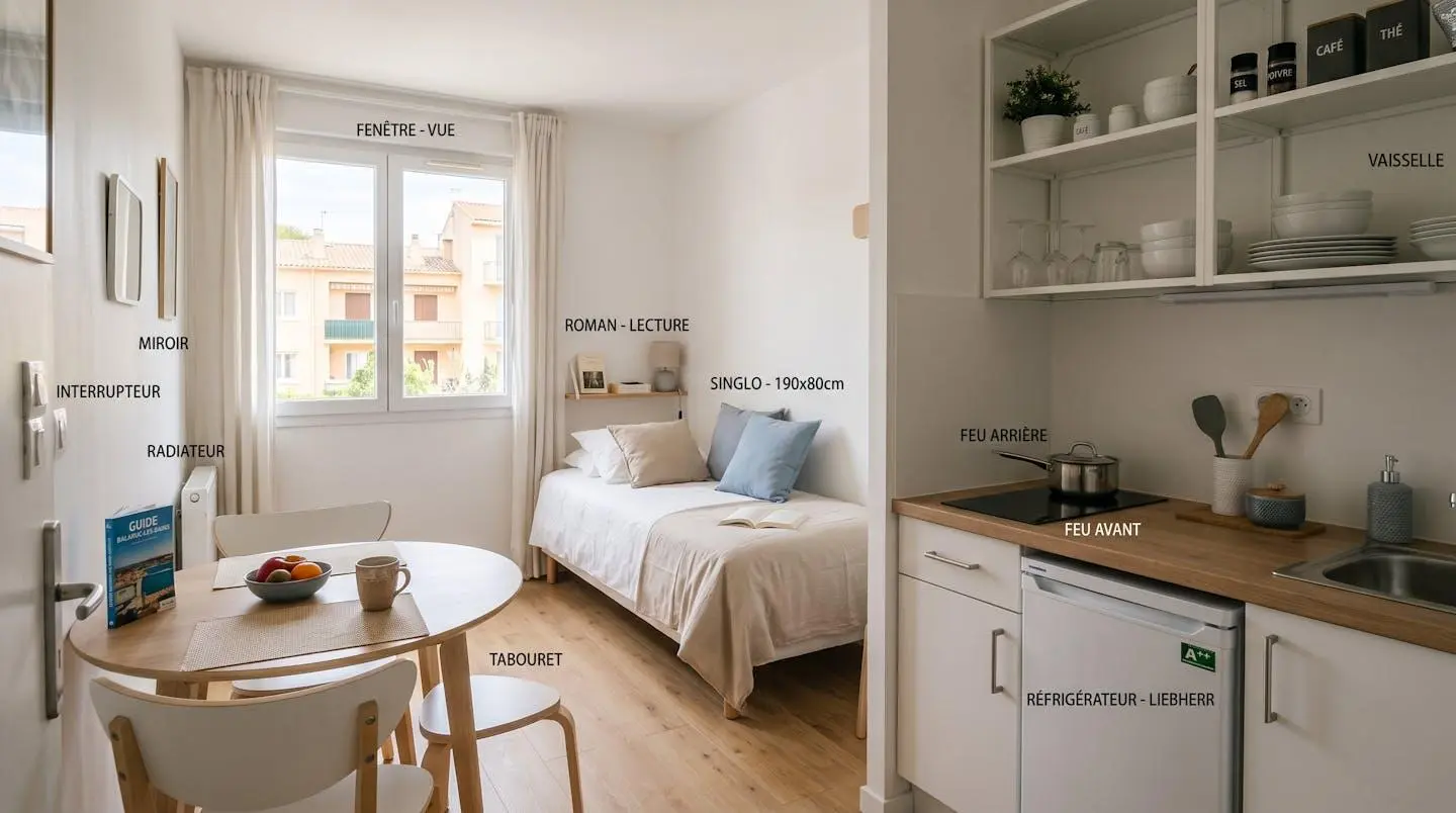Intérieur d'un studio meublé de tourisme de 20 m² à Balaruc-les-Bains avec coin cuisine équipé, lit et table, décoration épurée tons clairs et lumière naturelle