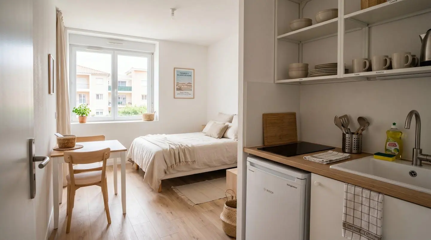 Intérieur d'un studio meublé de tourisme de 20 m² à Balaruc-les-Bains avec coin cuisine équipé, lit et table, décoration épurée tons clairs et lumière naturelle
