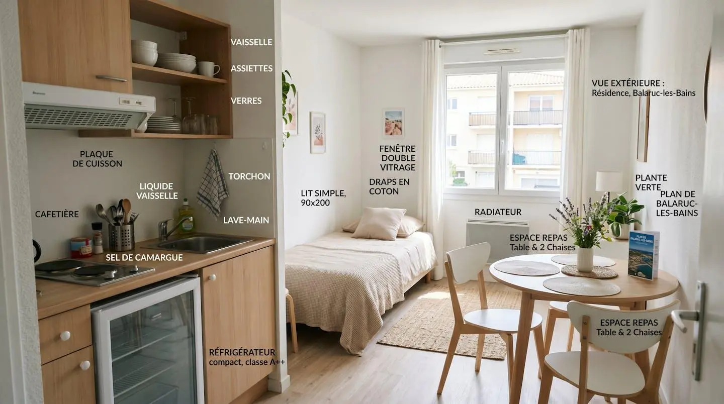 Intérieur d'un studio meublé de tourisme de 20 m² à Balaruc-les-Bains avec coin cuisine équipé, lit et table, décoration épurée tons clairs et lumière naturelle