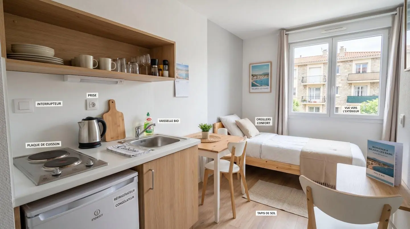 Intérieur d'un studio meublé de tourisme de 20 m² à Balaruc-les-Bains avec coin cuisine équipé, lit et table, décoration épurée tons clairs et lumière naturelle