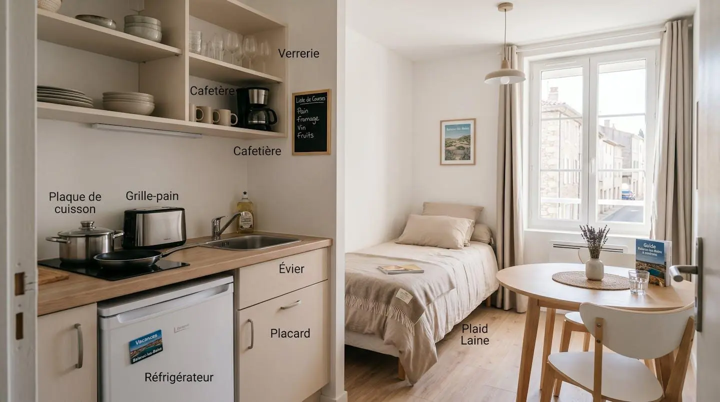 Intérieur d'un studio meublé de tourisme de 20 m² à Balaruc-les-Bains avec coin cuisine équipé, lit et table, décoration épurée tons clairs et lumière naturelle