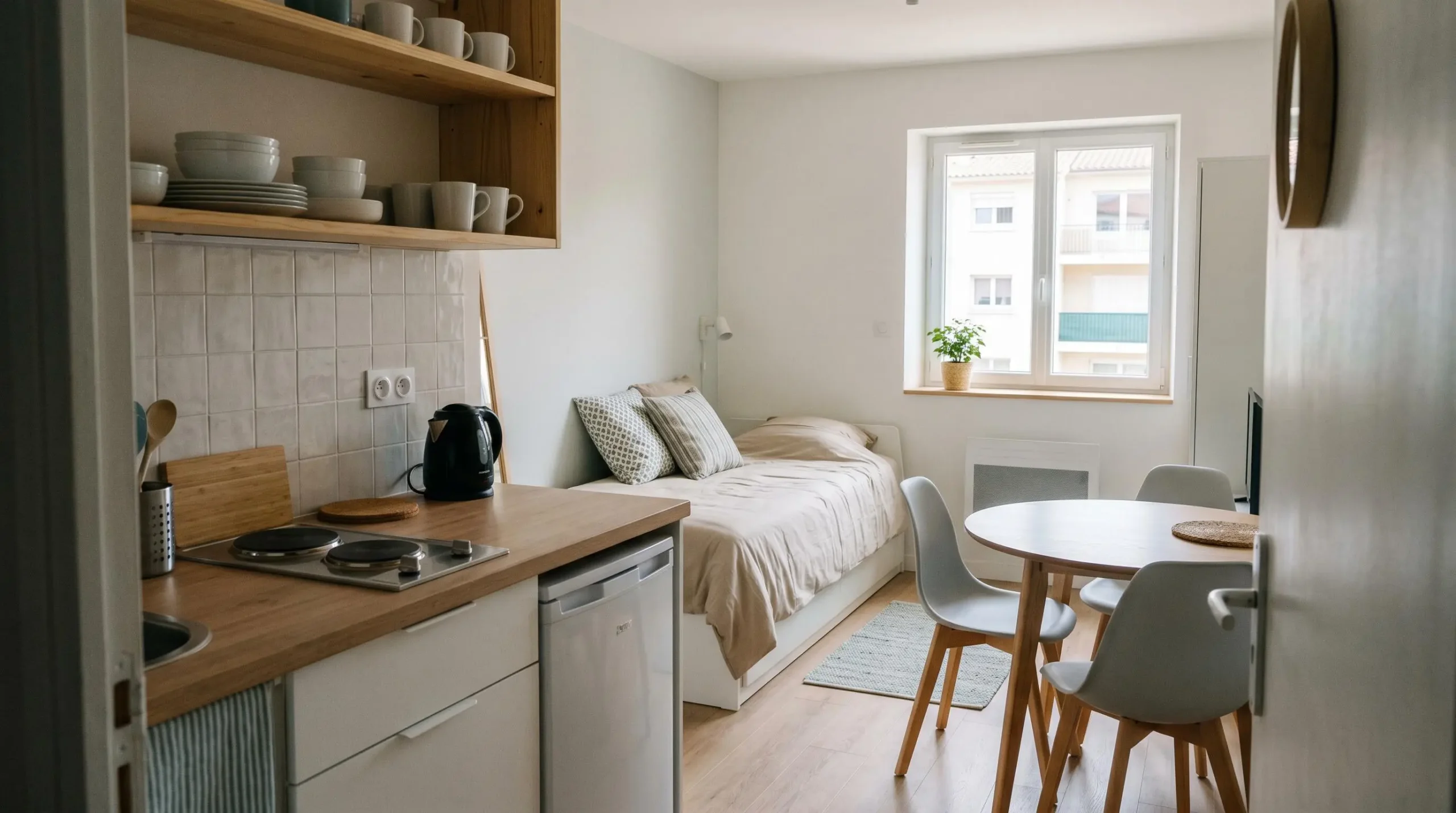 Intérieur d'un studio meublé de tourisme de 20 m² à Balaruc-les-Bains avec coin cuisine équipé, lit et table, décoration épurée tons clairs et lumière naturelle
