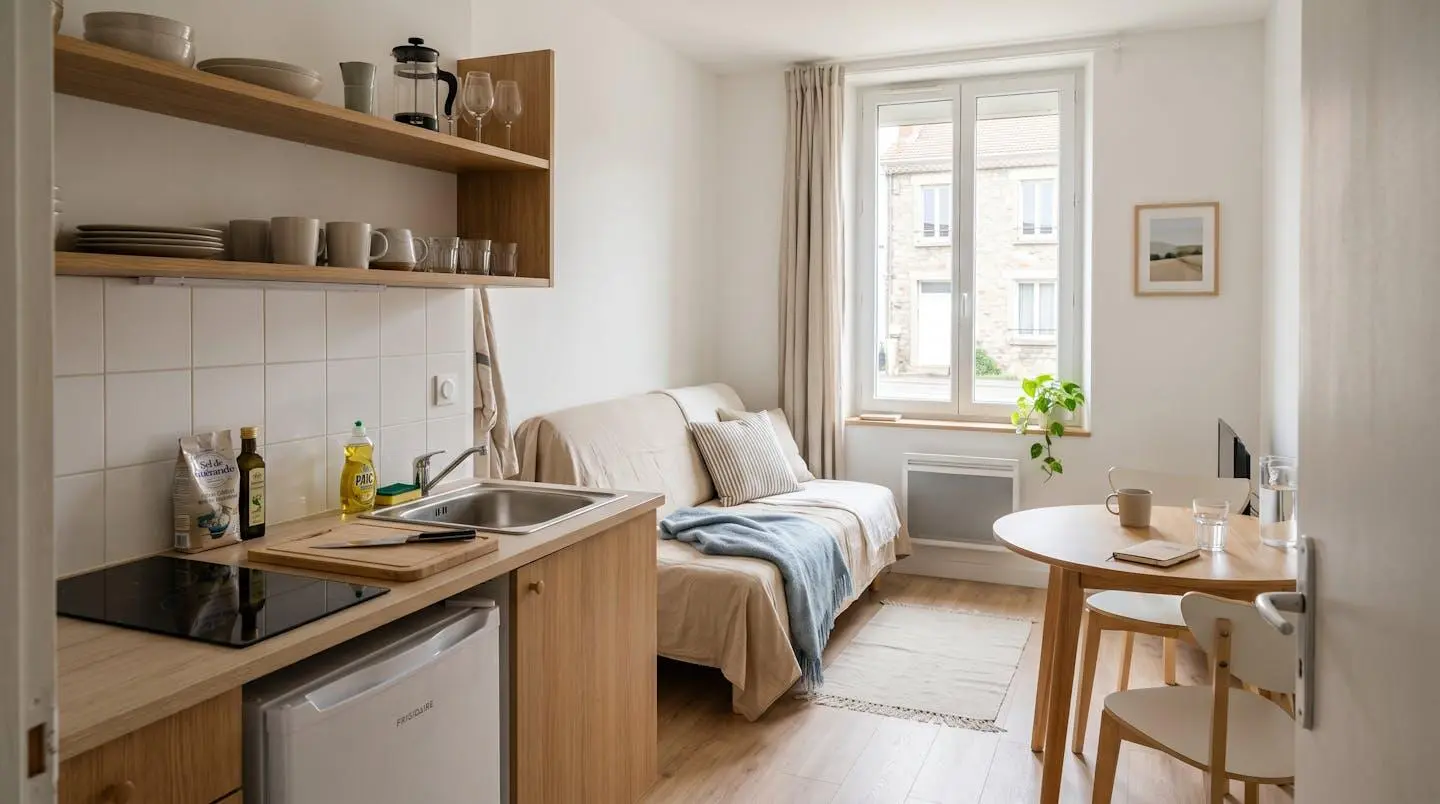 Intérieur d'un studio meublé de tourisme de 20 m² à Balaruc-les-Bains avec coin cuisine équipé, lit et table, décoration épurée tons clairs et lumière naturelle