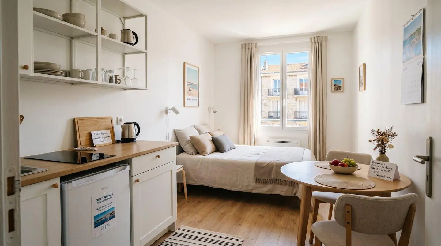 Intérieur d'un studio meublé de tourisme de 20 m² à Balaruc-les-Bains avec coin cuisine équipé, lit et table, décoration épurée tons clairs et lumière naturelle