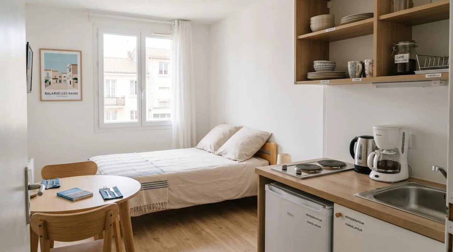 Intérieur d'un studio meublé de tourisme de 20 m² à Balaruc-les-Bains avec coin cuisine équipé, lit et table, décoration épurée tons clairs et lumière naturelle