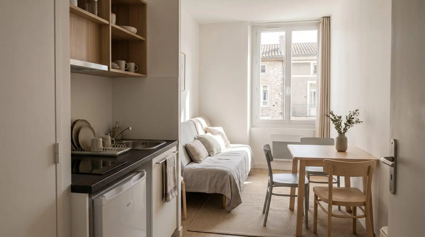 Intérieur d'un studio meublé de tourisme de 20 m² à Balaruc-les-Bains avec coin cuisine équipé, lit et table, décoration épurée tons clairs et lumière naturelle