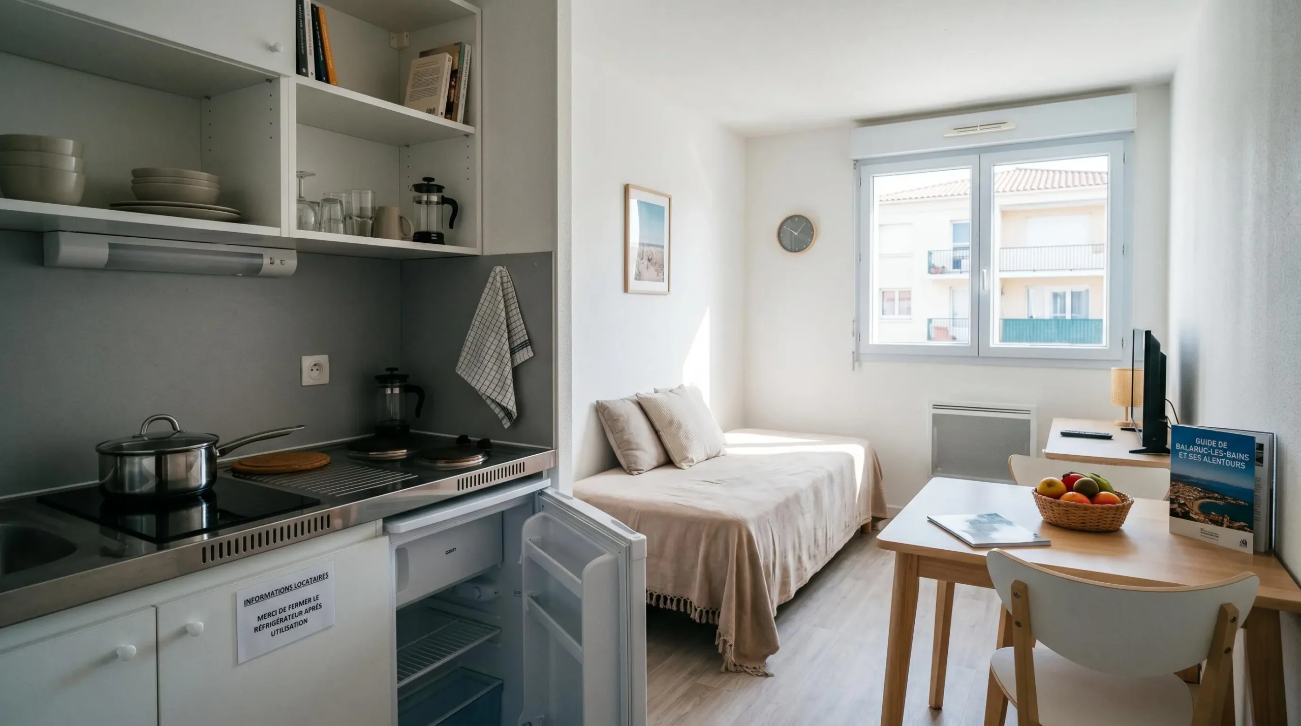 Intérieur d'un studio meublé de tourisme de 20 m² à Balaruc-les-Bains avec coin cuisine équipé, lit et table, décoration épurée tons clairs et lumière naturelle