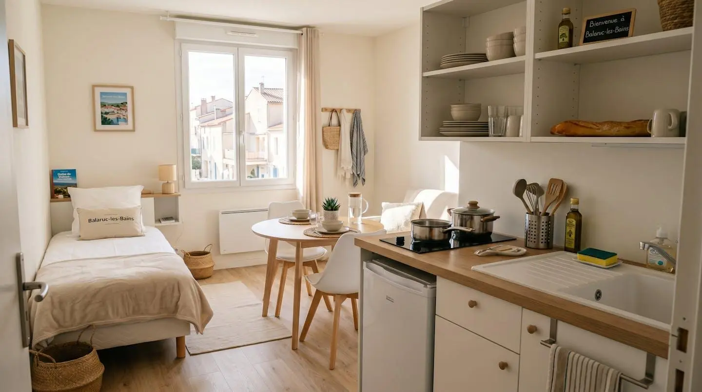 Intérieur d'un studio meublé de tourisme de 20 m² à Balaruc-les-Bains avec coin cuisine équipé, lit et table, décoration épurée tons clairs et lumière naturelle