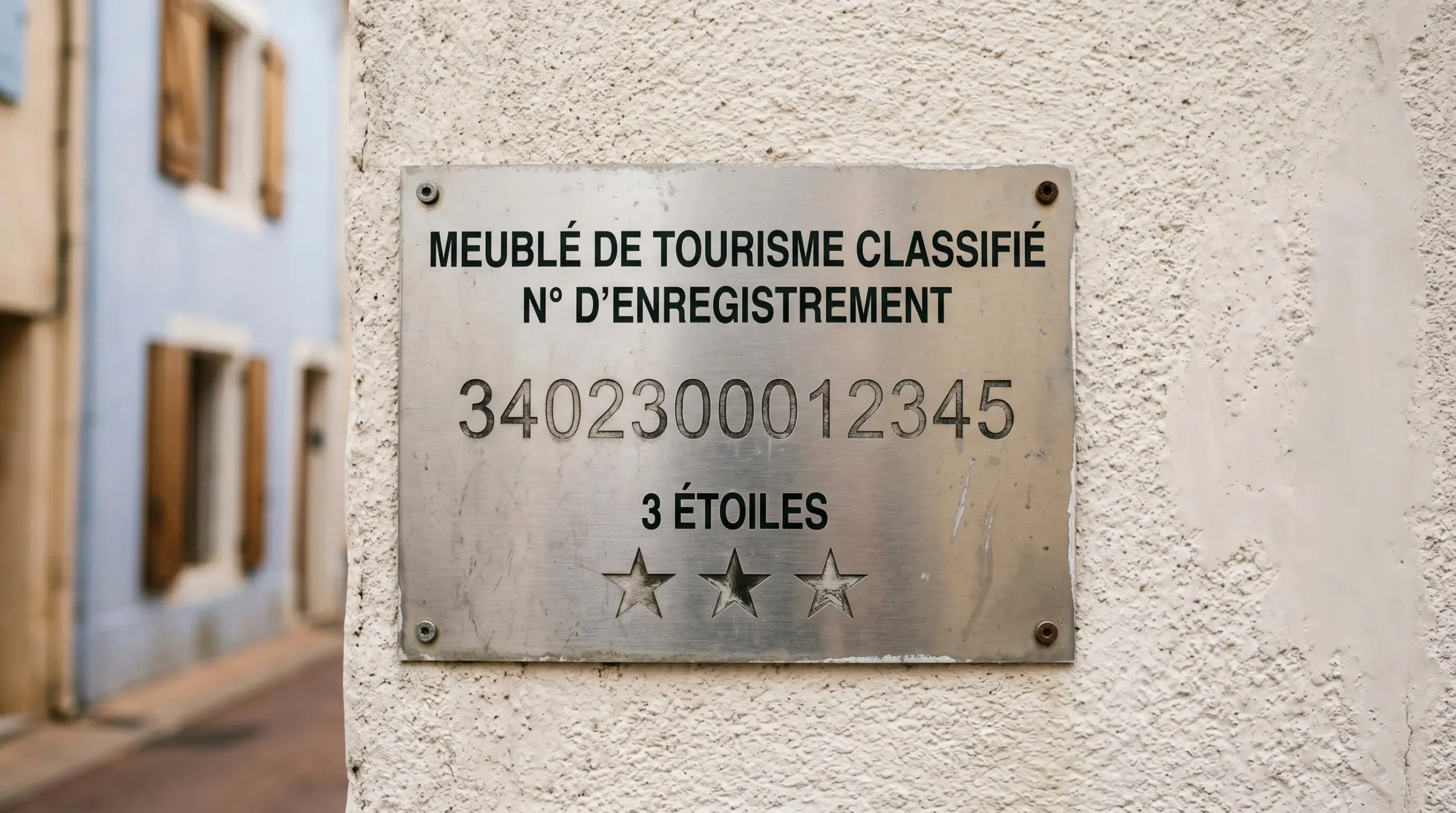 Gros plan sur une plaque officielle de numéro d'enregistrement d'un meublé de tourisme classé avec étoiles, apposée sur le mur extérieur d'un immeuble à Balaruc-les-Bains